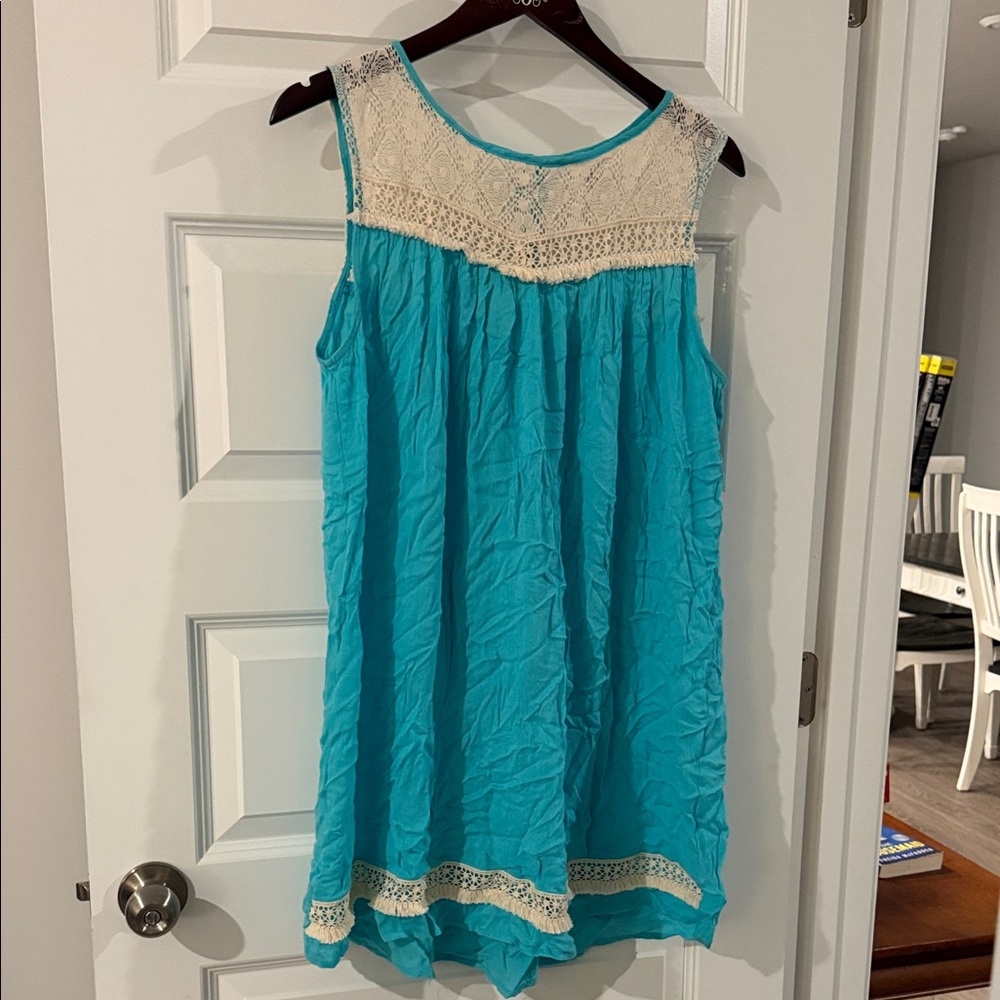 Umgee Turquoise and Cream Casual Women’s Slip Babydoll Dress Lace detail medium